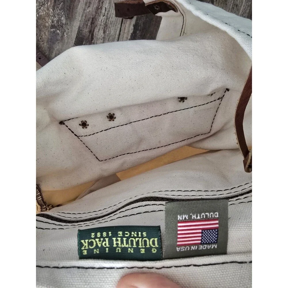 Duluth Pack Small Canvas Backpack Beige/Brown Leather Buckle 16x14 Fits 13
